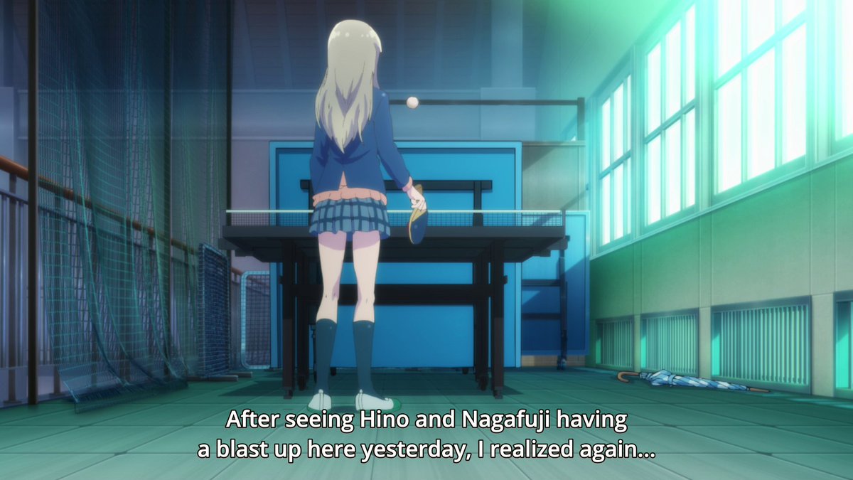 Shimamura begins playing by herself and misses the ping pong ball as she realizes that she wants more of a relationship with Adachi rather than the other two girls. Missing the ball represents how she failed to communicate this to Adachi.