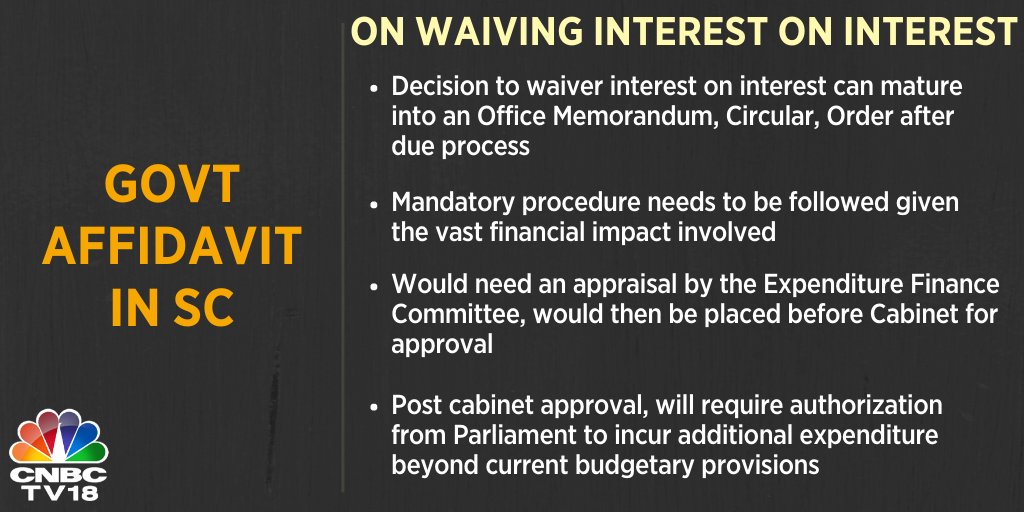 Govt Affidavit In SC On Waiving Interest On Interest | Decision to waiver interest on interest can mature into an Office Memorandum, Circular & Order after due process. Would need an appraisal by the Expenditure Finance Committee, would then be placed before Cabinet for approval