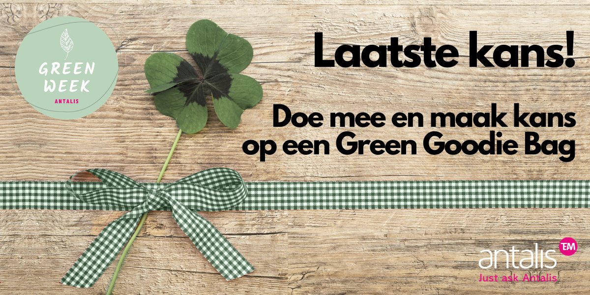 Laatste kans! U kunt vandaag nog mee doen aan de actie. 
Wat doet uw onderneming voor een beter milieu? Beantwoord de vraag via het formulier en maak kans op een goedgevulde goodiebag. Naar het formulier: ow.ly/ftV650BO0gX
#GreenWeekAntalis #duurzaamheid #winactie #mileu