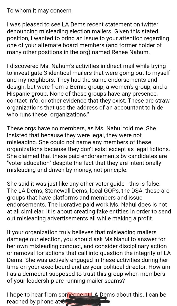 My letter to the LA Democratic party regarding Renee Nahum, who profits from sending misleading mailers from fake groups like "Council of Concerned Women Voters" and "Feel The Bern Progressive Voter Guide".