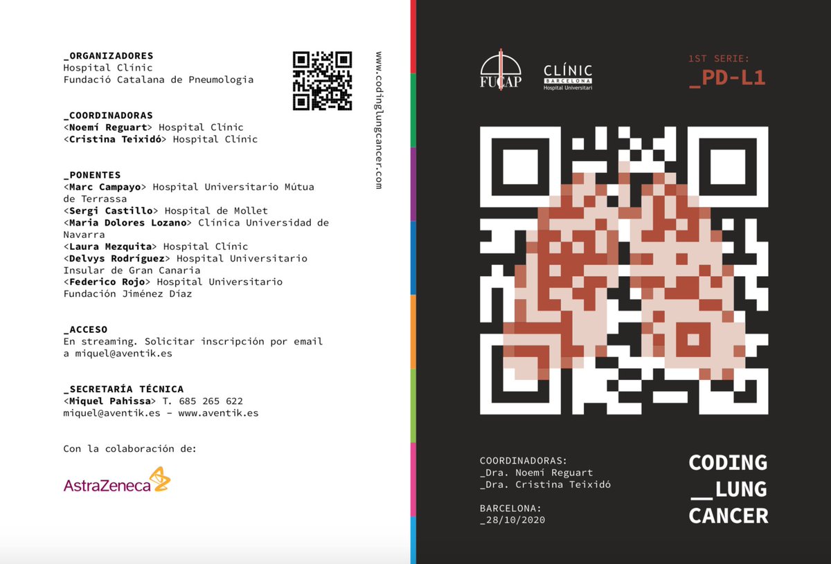 teixido_c's tweet image. 👉Save the date!
Curso online #CodingLungCancer #PDL1, organizado por @NReguart @teixido_c . 
🔝Speakers.
🗓️28 de Octubre. 
Inscripciones Gratuitas 📧miquel@aventik.es.
