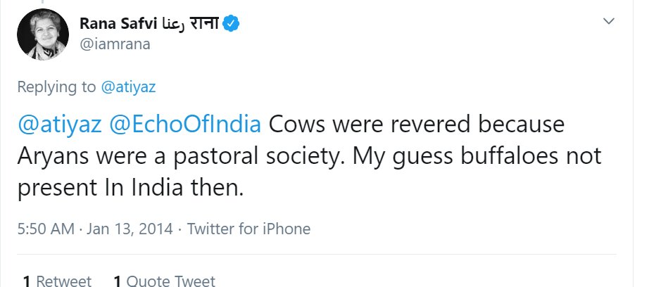 More gems of wisdom from the award winning "historian".She says -" Cows were revered by Aryans in c.1500 BC because Aryans were a pastoral society".Buffaloes were not revered because there were no buffaloes in India then" https://twitter.com/iamrana/status/422727300938227712