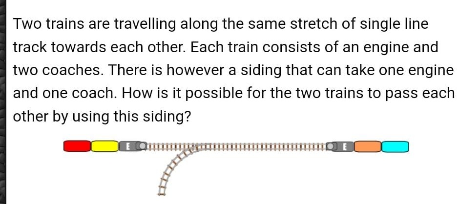 IRTSassociation's tweet photo. Train Operations involve a lot of problem solving. Awaken the #OperatingWizard in you!
Can you solve the quiz below in minimum steps?
#RailGyan #IRTSMovingIndia https://t.co/AgGjBi2bZ8