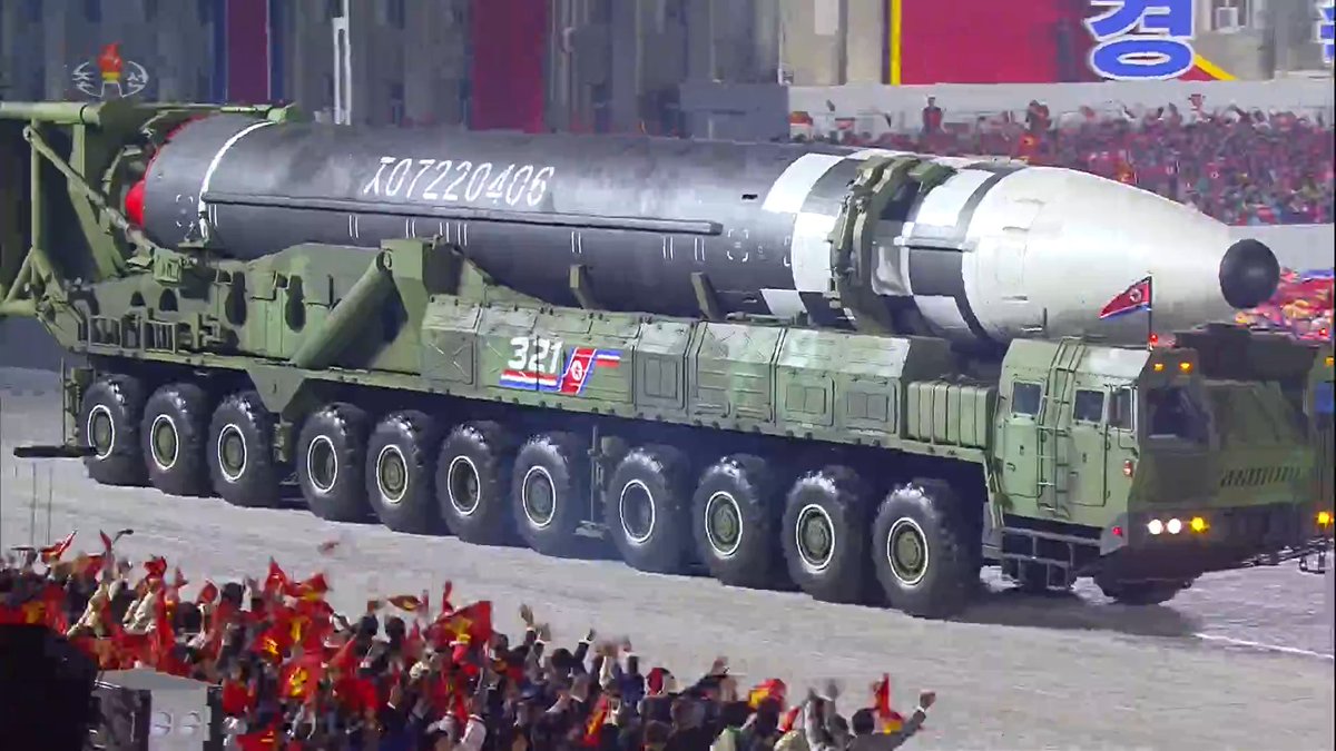 And the star of the show - an entirely new ICBM on a ten-axle TEL. Four on display.