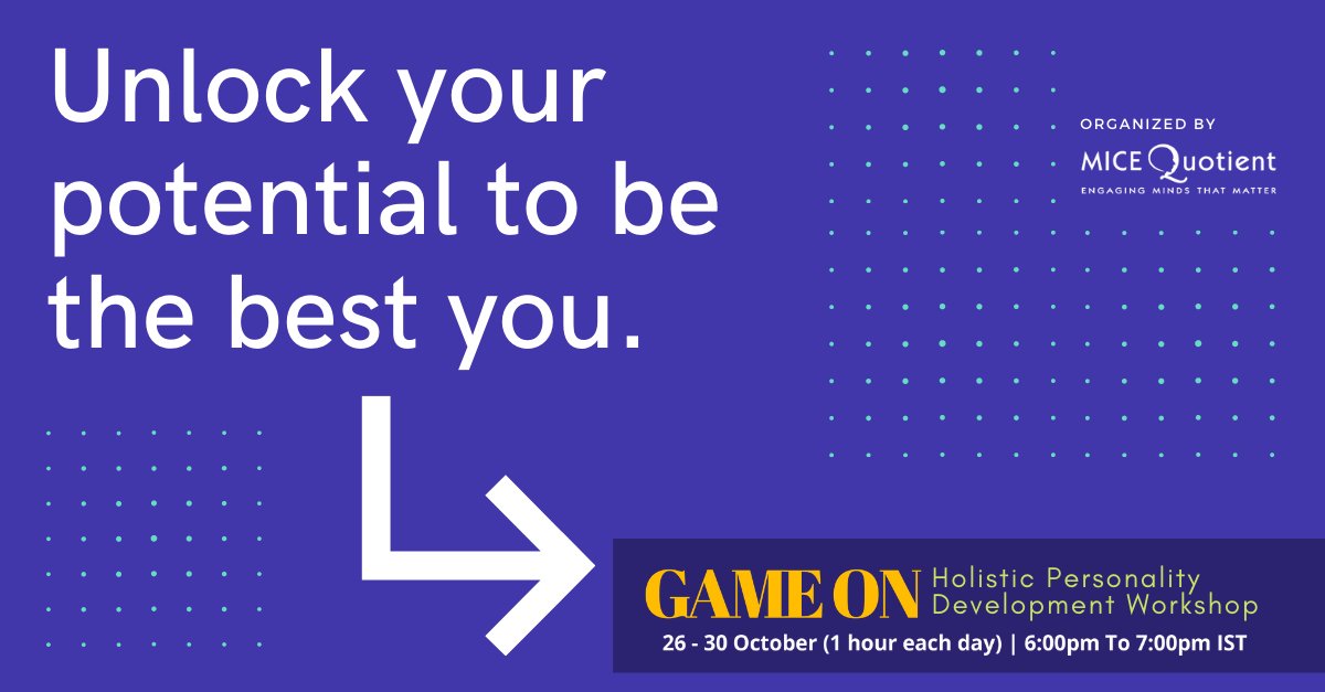 Unlock your potential to be the best you.

Join us for Game On - Holistic Personality Development Workshop with Sandi Rich Saksena on 26th-30th October 2020, at 6pm to 7pm IST.

Save Your Seat Now : halaman.email/lp/gameon-ebo3…

#softskills #softskillstraining