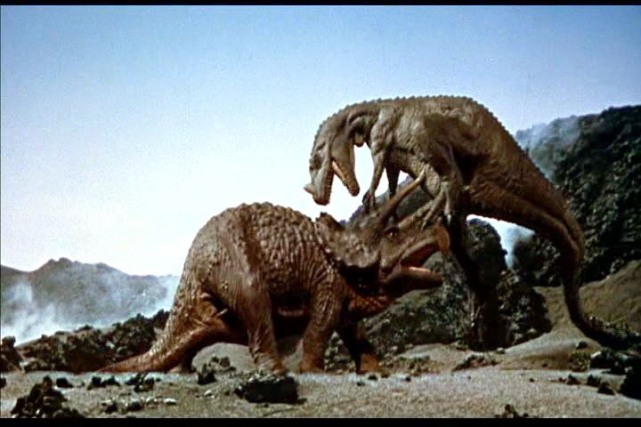 In '66, a Harryhausen-animated Ceratosaurus graced the screen again in the Hammer classic, "One Million Years BC". The film's heroes Tumak & Loana hide from a battling Ceratosaurus & Triceratops. The Triceratops does better than the stegosaurs in the previous films—it wins.