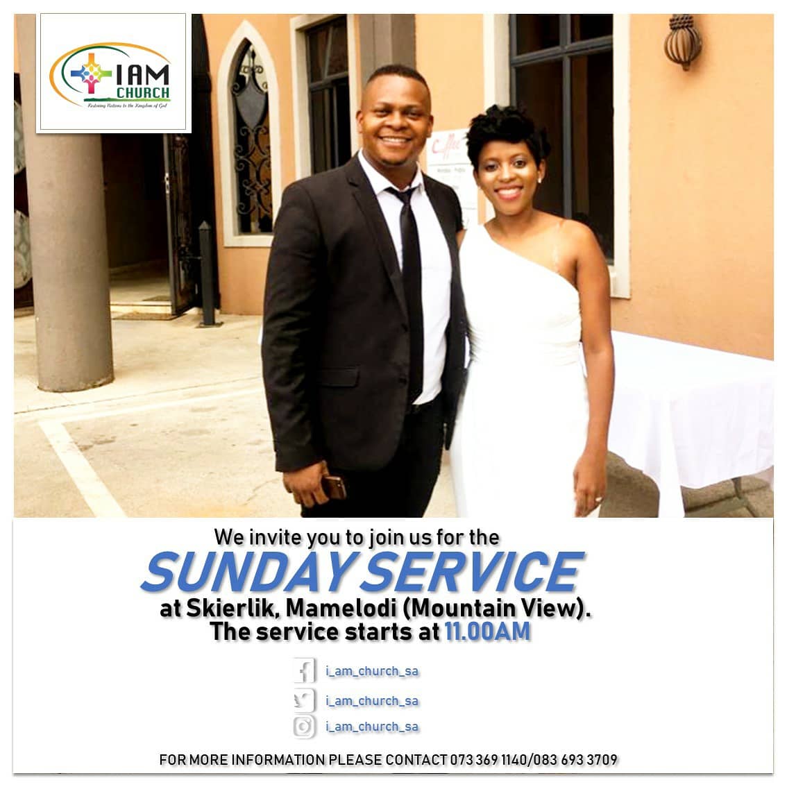 Join us tomorrow for our #SundayServices ..

(1) 8am, in Hatfield, TheLink. 
(2) 11am, in Mamelodi, Skierlik. 

#IAMChurch