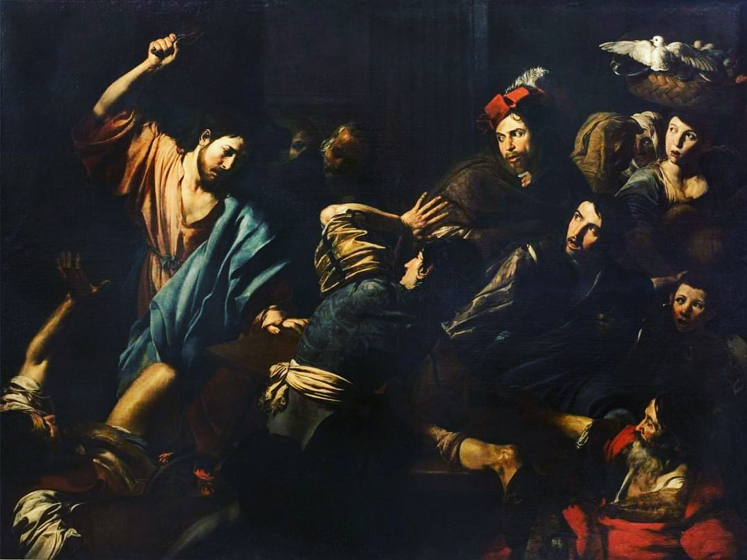 Valentin de Boulogne, trasferitosi a Roma, iniziò a lavorare per il cardinal Francesco Barberini dal 1627, anche se questa tela fu acquistata dallo Stato nel 1895. #lacollezione #palazzoBarberini Valentin de Boulogne, La cacciata dei mercanti dal tempio, 1618-1622, olio su tela