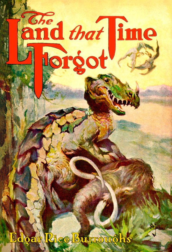 Although a very Ceratosaur-like T. rex graced the cover of Edgar Rice Burroughs's "The Land That Time Forgot" (as painted by J. Allen St. John) no Cerato was found in the book. Not so for the 1975 film of the same name where one fights & loses to yet another Triceratops.
