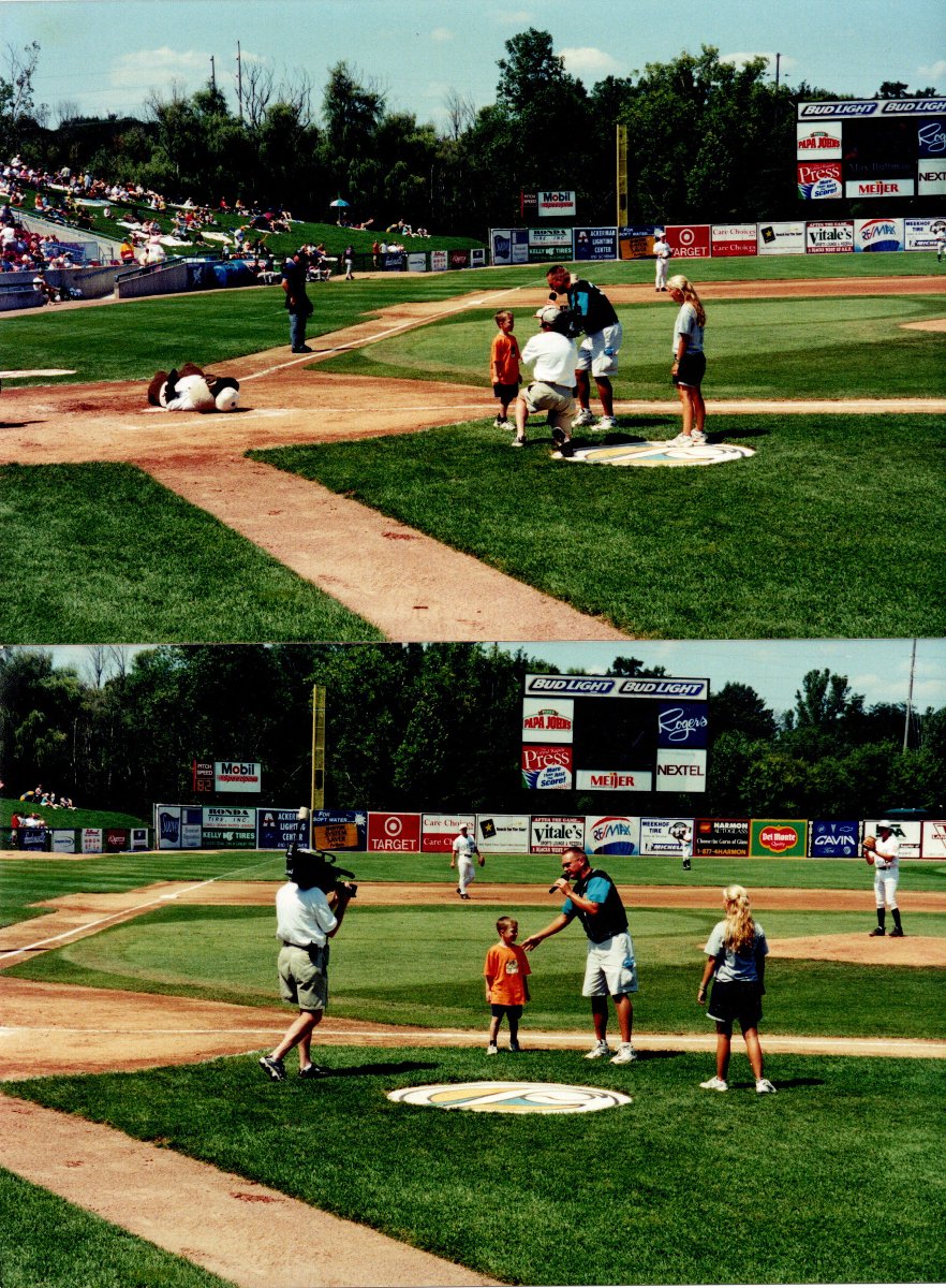 scottbultman's tweet photo. @m_bultman gives another insightful analysis during 7th inning stretch at 2002 Whitecaps game. Then inexplicably forced to race the mascot in a "Crash Dash." #ageism #wunderkid #goodtimes https://t.co/LbsbysbiD9