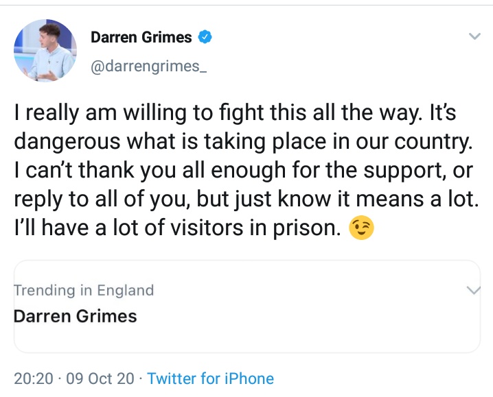 Grimes gives impression of absolutely revelling in the attention, somewhat undermining his "chilling effect" claim. (I would be interested to hear his considered view of whether any of the various laws should exist, from boundaries on Britain First racism to Prevent duties, etc)