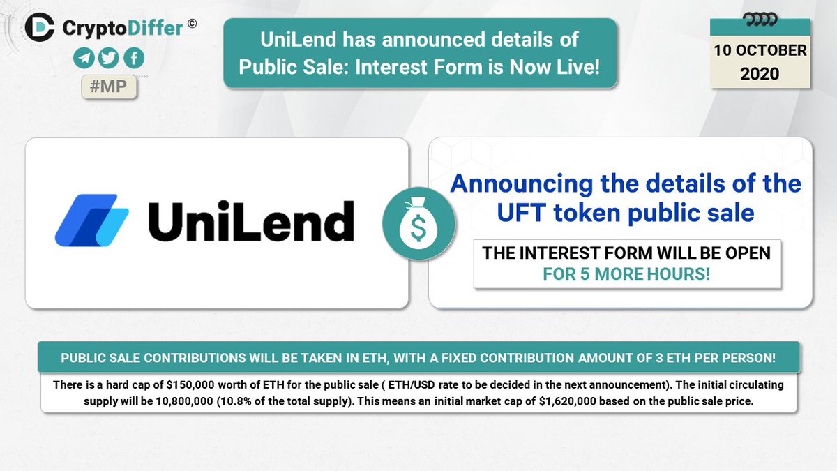 ❗️ <a href="/UniLend_Finance/">UniLend Finance</a> $UFT has announced details of Public Sale: Interest Form is Now Live!

Public sale contributions will be taken with a fixed contribution amount of 3 ETH per person!

The interest form will be open for 5 more hours! 
👉 forms.gle/yvGY32C39owdAV…