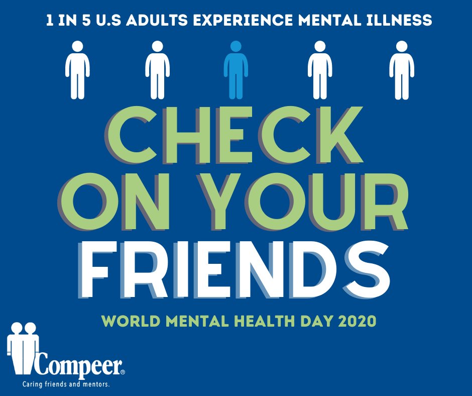 CompeerFriends's tweet image. Did you know that 1 in 5 adults experience mental illness? World Mental Health Day is an important reminder to #CheckOnYourFriends 

#Compeer #MentalHealth #HealingPowerOfFriendship