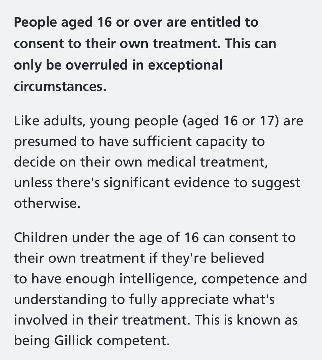 Kiera Bell was 16 when she was prescribed blockersAt 16, she’s considered competent to consent to medical treatment, which can “only be overruled in exceptional circumstances”Even if she’s successful in revoking Gillick for trans kids U16, it wouldn’t have applied to her!