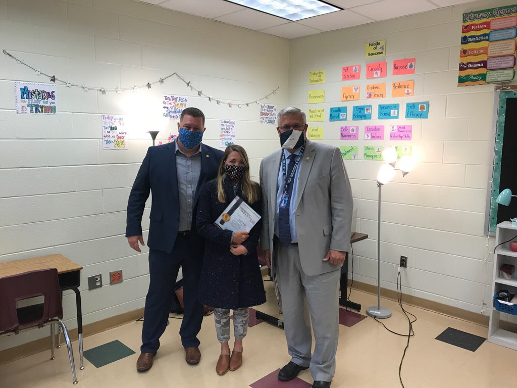 Congratulations Game Changer Karlin Berge! Thank you to Dr. Daugherty and Mr. Harter for recognizing such a caring and dedicated teacher! #BBMSBearLife #oneCCPS