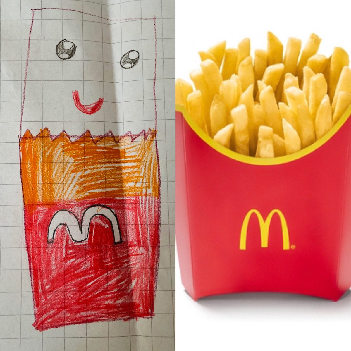 crisbalanzo's tweet image. @McDonalds by my daughter, everything is there: colours, shape and, of course, logo, but see the pretty emotional association there fries=a happy face #memorystructures #distinctiveness #brandassets #wehardlygo :/