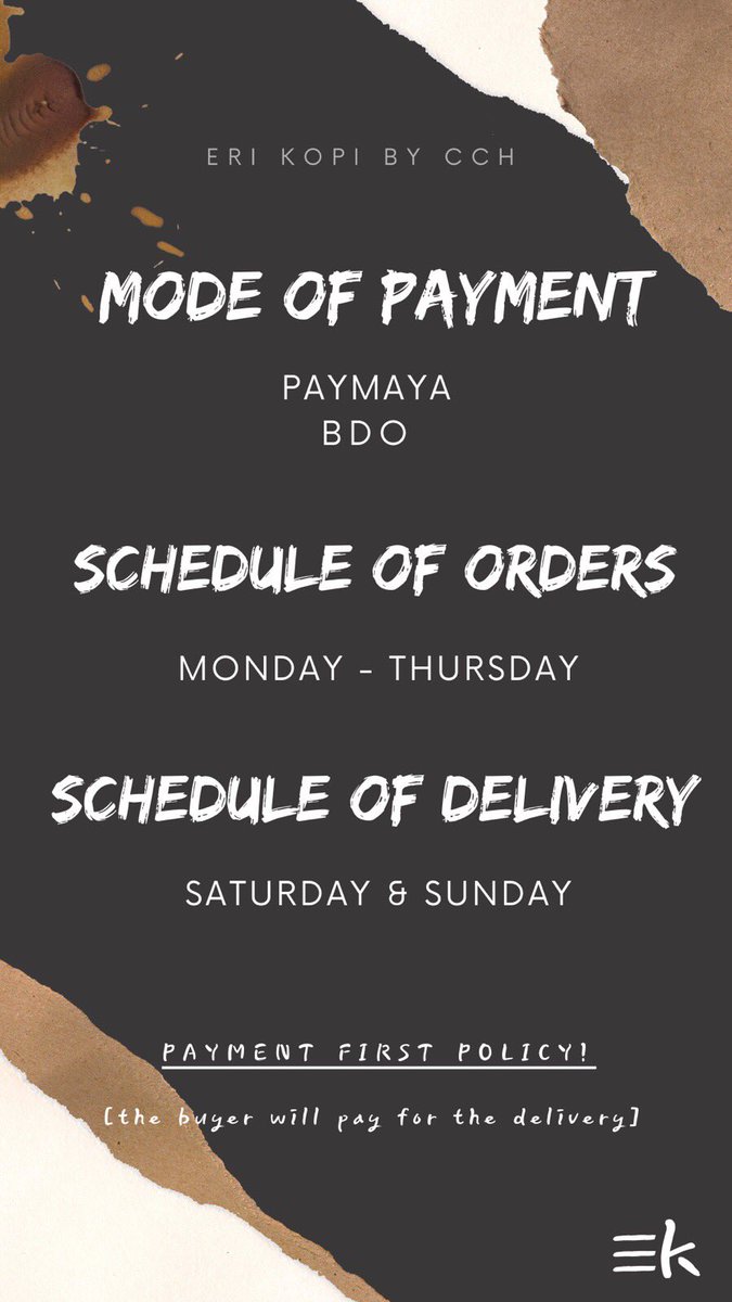 erikopi_cch's tweet photo. ☕️Mode of Payment
☕️Schedule of orders & Delivery
☕️Order form
Feel free to DM us 😊
#Erikopi #dripcoffeeph #supportsmallbusiness https://t.co/uTMHg4GIog