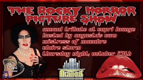 CapriLoungeAug's tweet photo. The Annual Rocky Horror Picture Show Tribute  At Capri Lounge
October 29th, 8pm

#metropoliscomplex #parliamentresort #gayaugusta #gaycsra #gaytravel #instagay #gayboy #gaylife  #gaypride #gayman #gayguy #lgbt #gaycouple #gayfit #pride #gayselfie #gaycute #lgbtq  #gayhot https://t.co/EjGhIAe6Mw