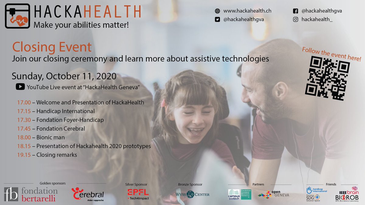 Hackahealth_'s tweet image. Join our live streamed closing event on Sunday Ocotber 11th at 5 pm!

@hackahealth @cerebral_ch @FoyerHandicap  @HI_switzerland @sdgsolspace @CampusBiotech @Wysscenter @IEEEBrain @Bertarelli_fdn @EPFLTech4Impact @opengeneva @BIOROB_EPFL