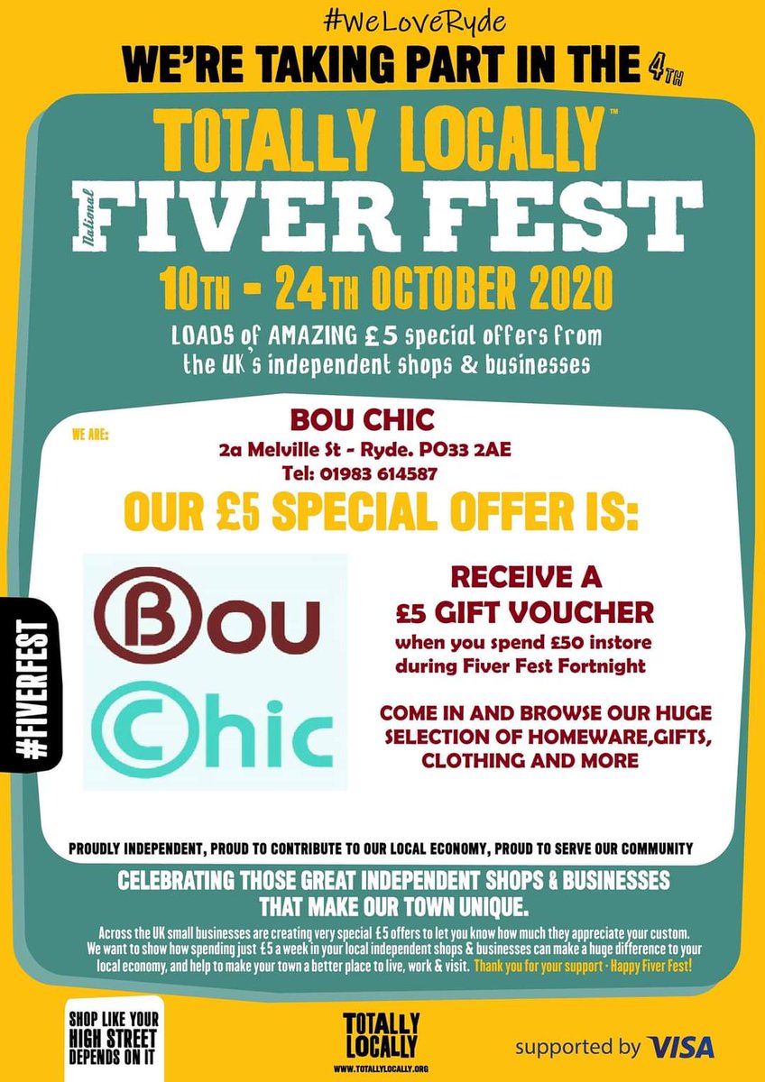 Ryde #FiverFest deals incoming.
Where will you spend a fiver? 24/30
BOU CHIC - Melville St
#WeLoveRyde
#TotallyLocally
#Ryde
#Homeware
#interiors
#giftsforher
#giftsforhim
#Isleofwight 
#Supportyourhighstreet 
<a href="/RydeTownCouncil/">Ryde Town Council</a>