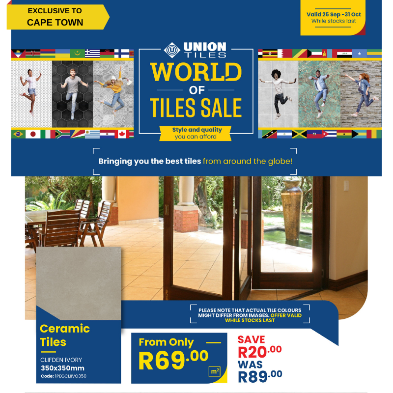 uniontiles's tweet photo. Union Tiles Cape Town is bringing you the best tiles from around the globe at the World of Tiles Sale, until 31 Oct.
Get 350x350mm Clifden Ceramic Tiles from only R69pm2 (save R20pm2)
๐๐For more deals https://t.co/LdPMZn5iDq
#uniontiles #worldoftiles #tilesonsale #tiles https://t.co/UynkmbiSgI