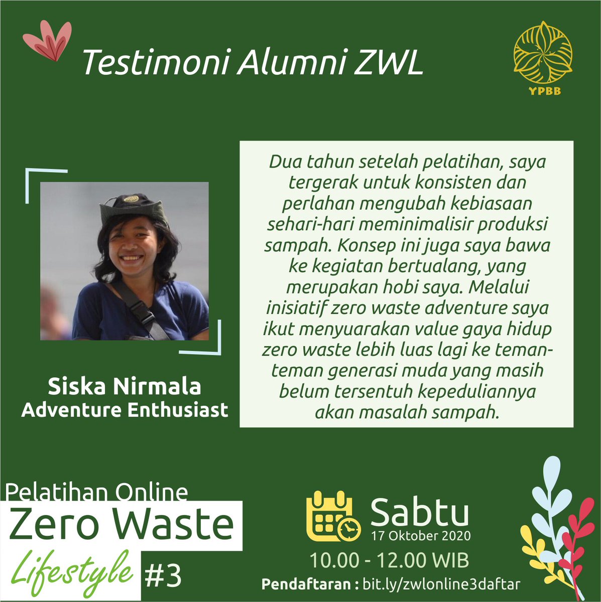 Yuk lihat apa yang sudah mereka lakukan pasca mengikuti pelatihan Zero Waste Lifestyle bersama YPBB!

⁣Mau seperti mereka juga? Yuk ikuti Pelatihan Zero Waste Lifestyle Online yang akan diadakan pada hari Sabtu, 17 Oktober 2020 pukul 10.00-12.00 WIB.