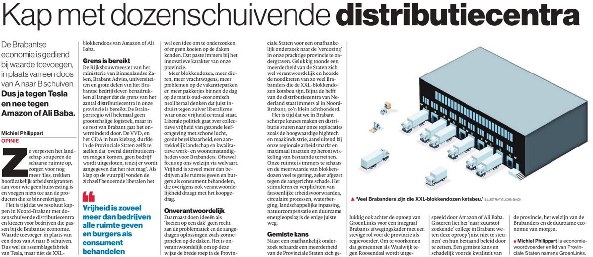 Het opinie-artikel van Statenlid <a href="/MichielPhilippa/">🌱 Michiel Philippart 🐝</a> over distributiecentra is vandaag in het Brabants Dagblad gepubliceerd en gisteren in BN DeStem.