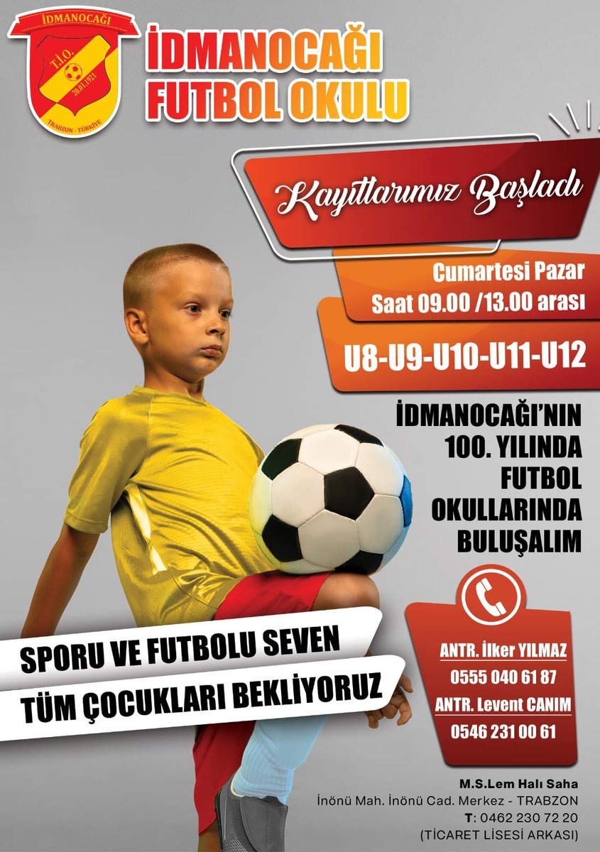 İDMANOCAĞI FUTBOL OKULU, TİCARET LİSESİ ARKASINDAKİ M.S. LEM HALI SAHADA U8,U9,U10,U11 ve U12 GRUPLARINDA ANTRENMANLARINI SÜRDÜRÜYOR.
ANTRENÖRLER İLKER YILMAZ VE LEVENT CANIM YÖNETİMİNDEKİ ANTRENMANLAR, C.TESİ-PAZAR 09.00–13.00 ARASINDA GERÇEKLEŞTİRİLİYOR.
KAYITLAR DEVAM EDİYOR.
