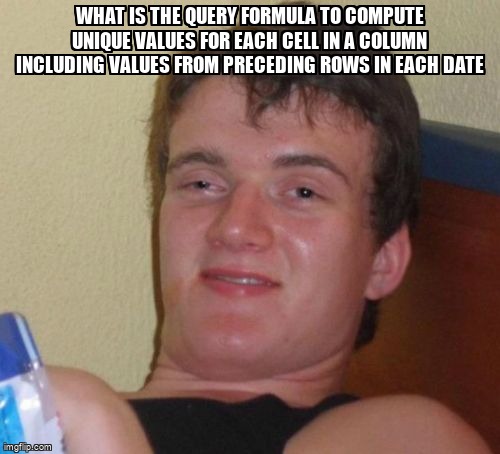 overflow_meme's tweet photo. What is the query formula to compute unique values for each cell in a column including values from preceding rows in each date https://t.co/6fBl365dLP #googlesheets #sql #googlequerylanguage https://t.co/uWsXQ8YQk7