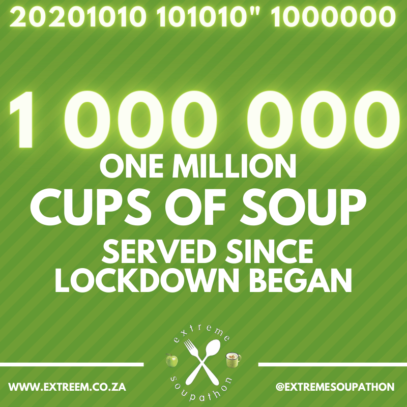 ExtremeSoupath1's tweet photo. 1 000 000 (ONE MILLION) cups of soup served since lockdown began. Thank you to everyone; donors, volunteers, Champions, chefs and YOU for your support. 2020-10-10, 10h00, 10 sec #soupbrick #feedingsouthafrica #__Matters #TheSoupathonChampionship https://t.co/C9r78rhifv