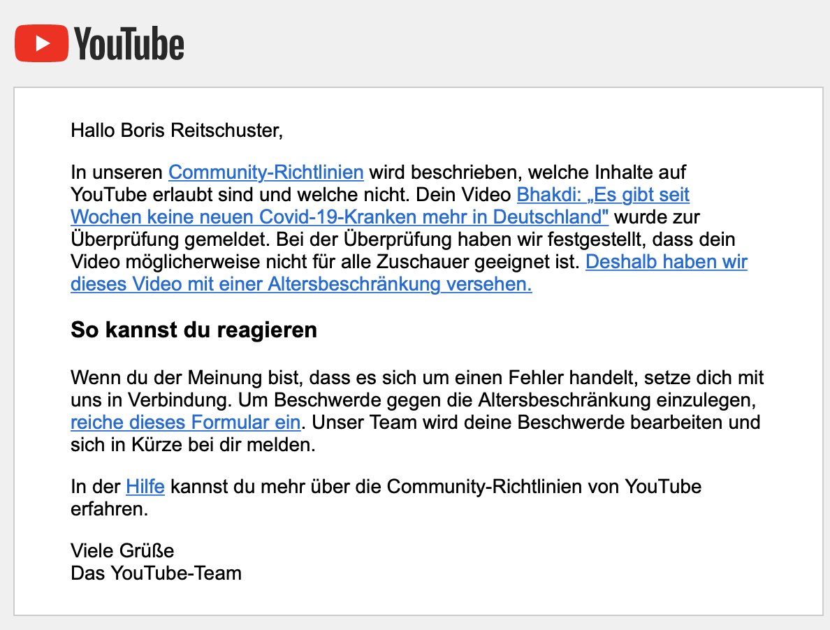 reitschuster's tweet photo. YouTube ist unfassbar: Gerade hat das Landgericht Berlin entschieden, dass mein Bhakdi-Interview gegen keinerlei Richtlinien verstößt. Freigeschaltet hat es Youtube noch nicht. Aber es dafür heute vorsorglich mit Altersbeschränkung versehen. Wegen Richtlinien-Verstoß! Wie dreist! https://t.co/OYpGol2pWw