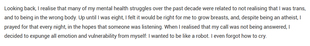 This paragraph... *chef's kiss*!After finding he has been expedited into a  #wrongbody, this little atheist boy prays for female lactation organs to grow on him, but when they don't, he becomes an emotionless robot. https://www.theoxfordblue.co.uk/2020/08/02/i-am-human-too-but-our-society-has-no-place-for-people-like-me/