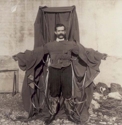 The last known photo ever taken of Franz Reichelt, an Austrian-born French tailor, who is posing here in a parachute of his own design, before jumping off the Eiffel Tower.