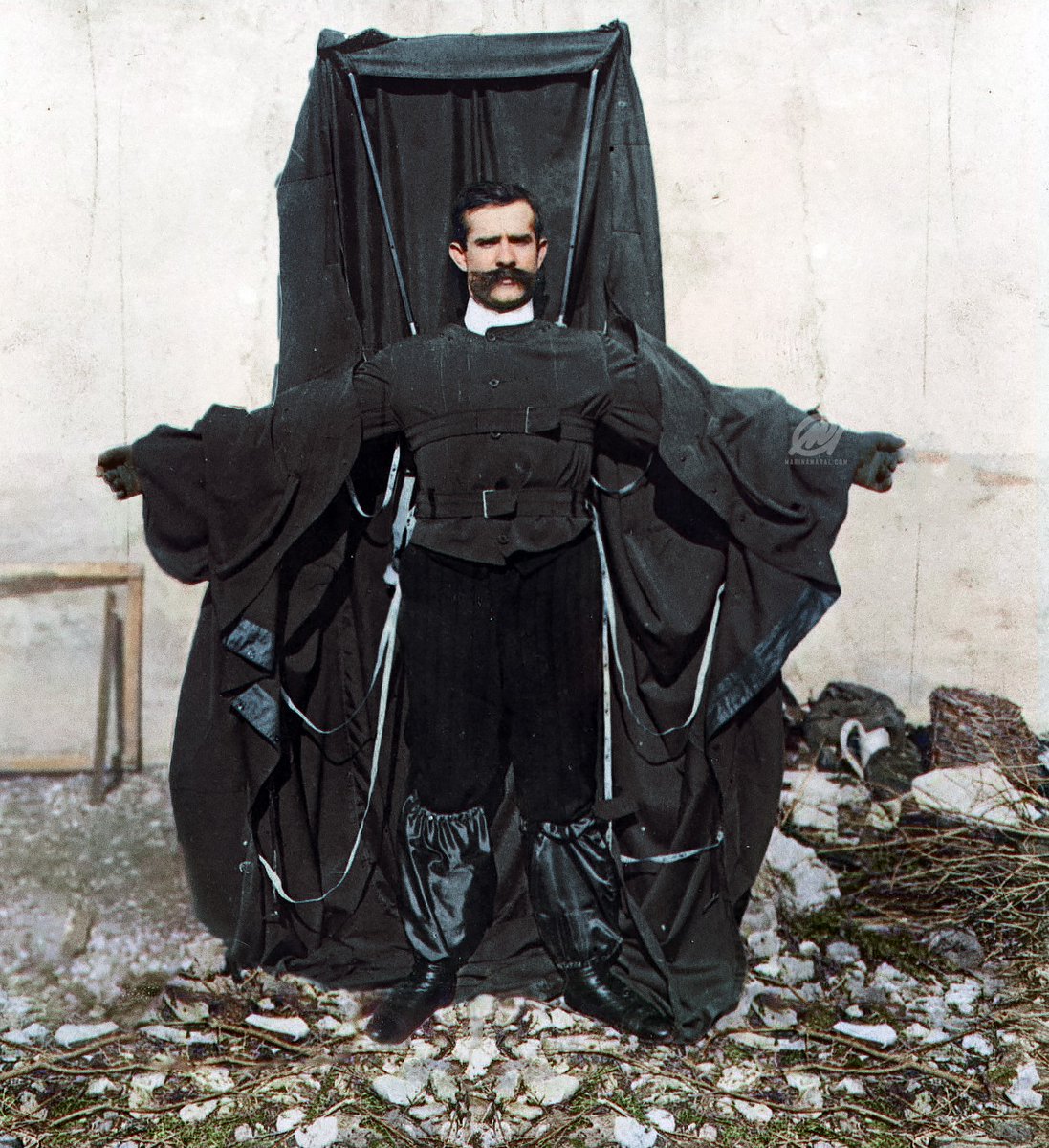 The last known photo ever taken of Franz Reichelt, an Austrian-born French tailor, who is posing here in a parachute of his own design, before jumping off the Eiffel Tower.