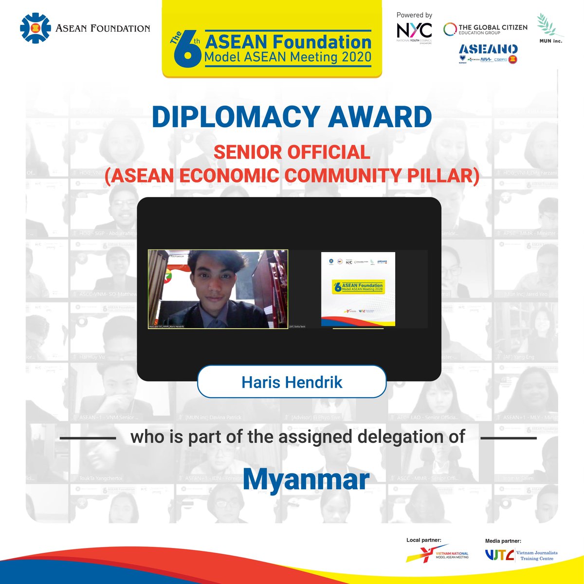 aseanfoundation's tweet photo. Using the role-play format, AFMAM 2020 allows the delegates to transform into different roles of various diplomatic functionalities. In recognition of the participants’ performance, we are delighted to announce the recipients of the Diplomacy Awards. (Part 1)
#AFMAM2020 #BeASEAN https://t.co/vANitRlfJo