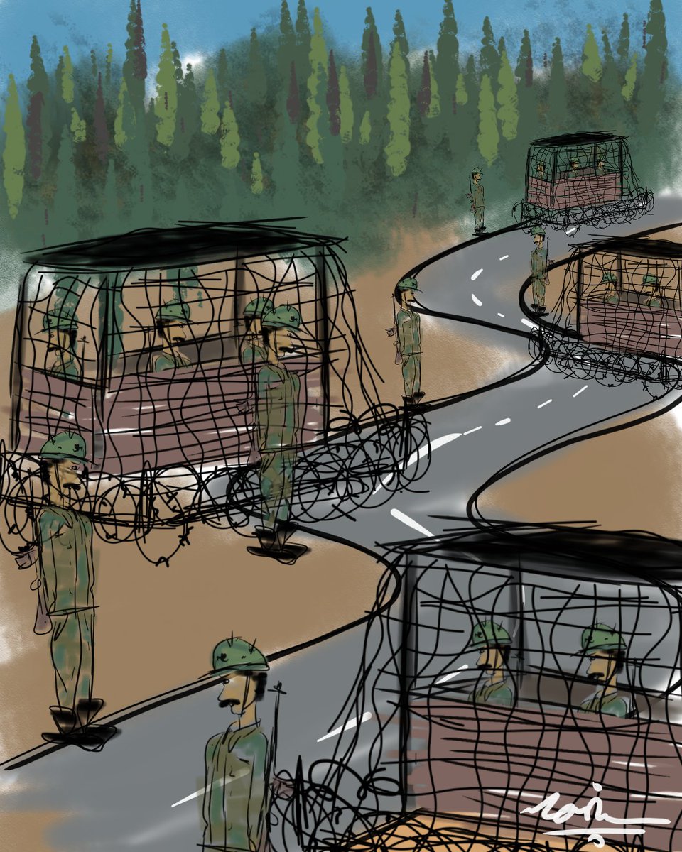 nasirashraf_'s tweet photo. The Road To Home
The roads to development have been encroached by the bunkers.
#sketchboo #artwork #digitalart #cartoon #cartoonscape #kashmir #kashmirdiaries #kashmirconflict #kashmirlife #kashmirscape #humansofkashmir #kashmirstories #article370 #article35A #Aug05 https://t.co/tsxlsiroMS