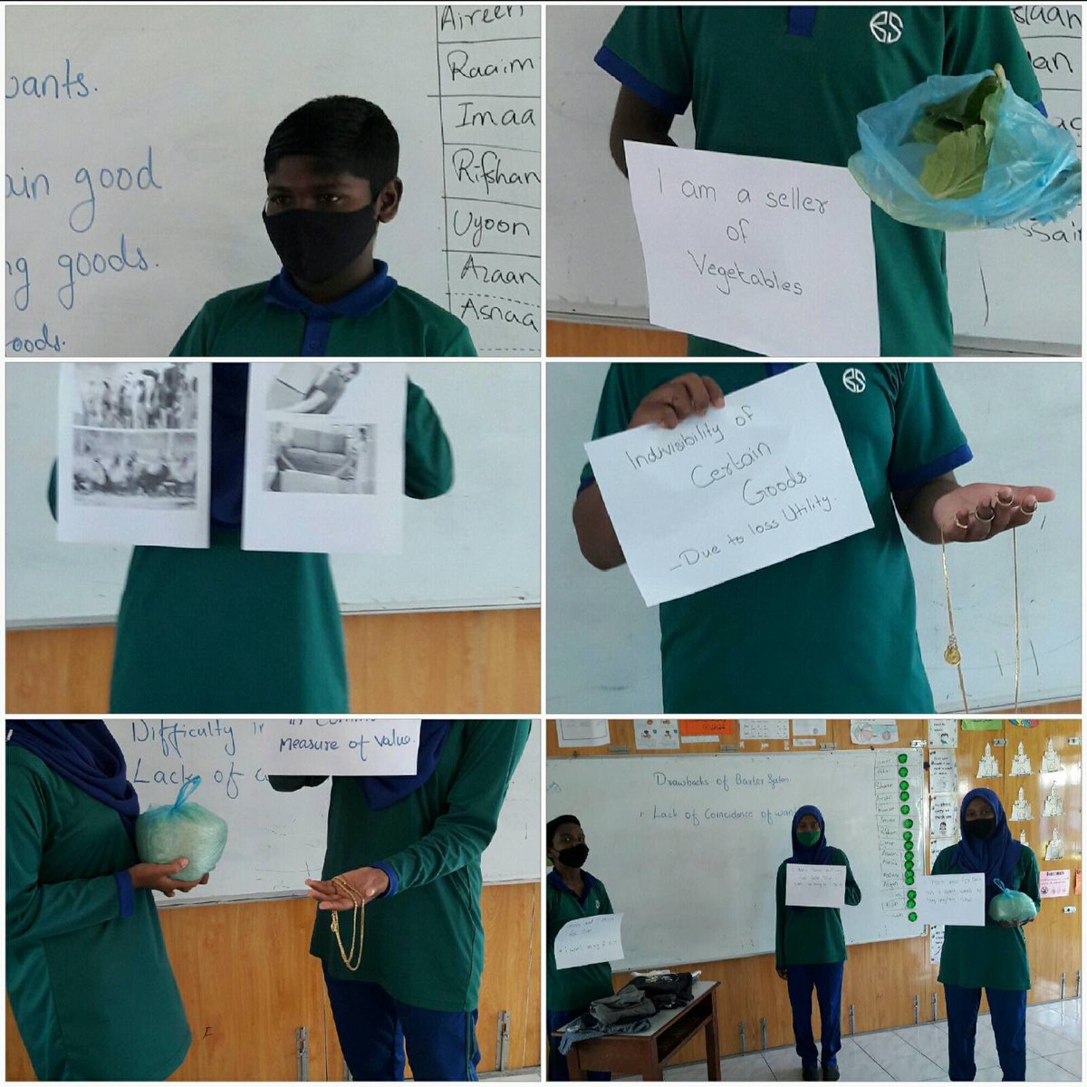 Grade 7 students learns drawbacks of barter system through some real things examples.