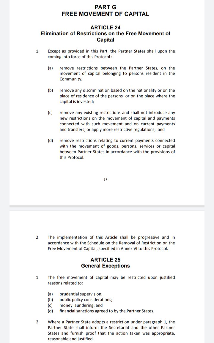 Even if that were the case, what about the provisions of Article 24 of the Common Market Protocol of the  @jumuiya on free movement of capital in East Africa, at least?
