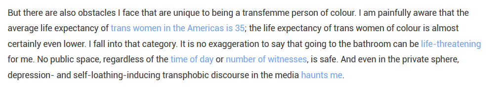 And finally: the mandatory Death Passage, wherein a wealthy young privately-educated male Oxford student claims his likelihood of dying a violent death for sticking lumps of silicone on his chest is the same as that of a trans woman in a Brazilian favela living from prostitution.