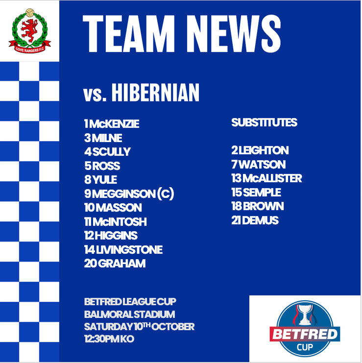 CoveRangersFC's tweet photo. 🆕 Today's team to play @HibernianFC in the opening Betfred League Cup tie

Live on @PremierSportsTV from 12:05pm

#CRFCLive https://t.co/b370Gm4xcG