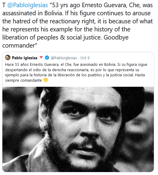 Spain is in crisis. The 2nd Deputy Prime Minister of Spain Pablo Iglesias not only celebrates Che Guevara, who not only helped found a 61 year old dictatorship in Cuba, but whose threats of bloody murder gave rise to a generation of right wing military juntas in Latin America. 1/