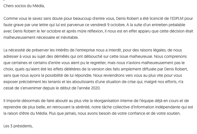 LeMediaTV's tweet photo. Licenciement de Denis Robert : première réaction de la direction. https://t.co/f3FR8jewPn
