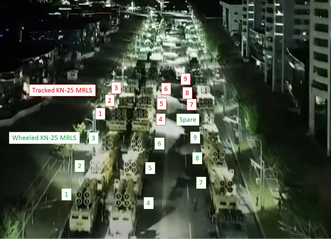 The lone tracked KN-25 at edge of the parade square shows less confidence in this modified tank chassis.Typical a 'spare' turns off long before.  https://twitter.com/JosephHDempsey/status/1314878510339588098?s=20