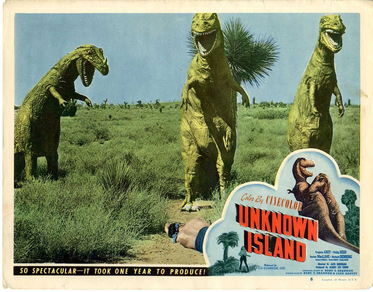 I've discussed "Unknown Island" ('48) before, but hey, Ceratosaurus is in there, too—a whole squad of them in rubber suit glory.