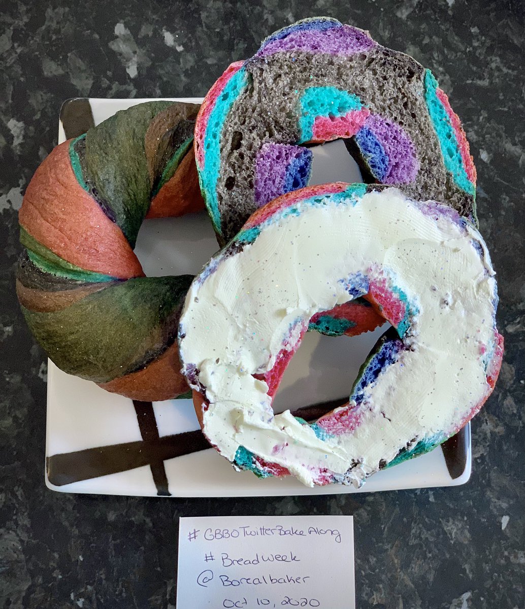 For attempt making #bagels... not my finest, but they sure do taste nice! We did galaxy colours instead of rainbow.  @Rob_C_Allen @thebakingnanna1 @WoodWhispers #GBBO #GBBOTwitterBakeAlong #breadweek #galaxy #SaturdayMorning