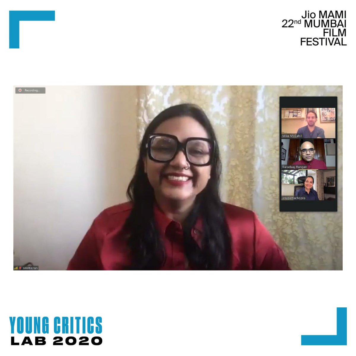 MumbaiFilmFest's tweet photo. The #YoungCriticsLab2020 opened today with the 1st workshop in a run that will last 6 months. The lab began with an Opening Address from Artistic Director @smritikiran & then moved on to the lab mentors @baradwajrangan @mike_mccahill & guest speaker @anupamachopra. #JioMAMI2020 https://t.co/LZ4oO8iPGW