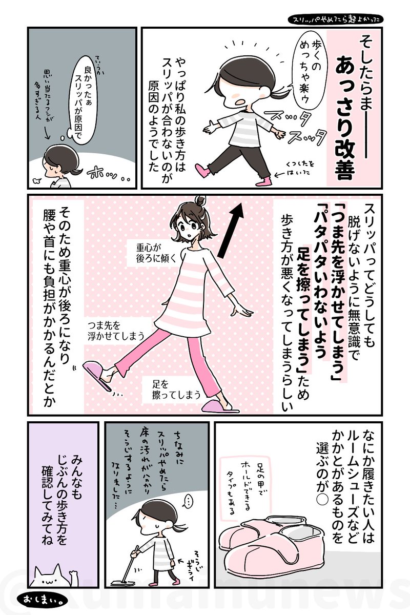 スリッパ履いて歩く姿があまりにも酷かったのでスリッパやめたよ、というレポマンガ。パカパカしたタイプのスリッパはつま先を浮かせて引きずるようにあるくので首や腰の負担もあるそうですよ!

家にいる時間が多い方は一度自分の歩き姿をチェックしてみて〜 