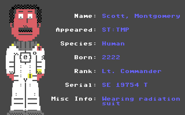 Scott, Montgomery (ST: TMP) #StarTrek #C64 #Commodore64 #PETSCII #PixelArt #C64Retweets #WeAreStarfleet #DS9 #TNG <a href="/StarTrek/">Star Trek</a> <a href="/TrekCore/">TrekCore.com 🖖</a> <a href="/trekreport/">Trek Report</a> <a href="/EverythingC64/">Everything C64</a> <a href="/ChrisDoohan/">Chris Doohan</a>