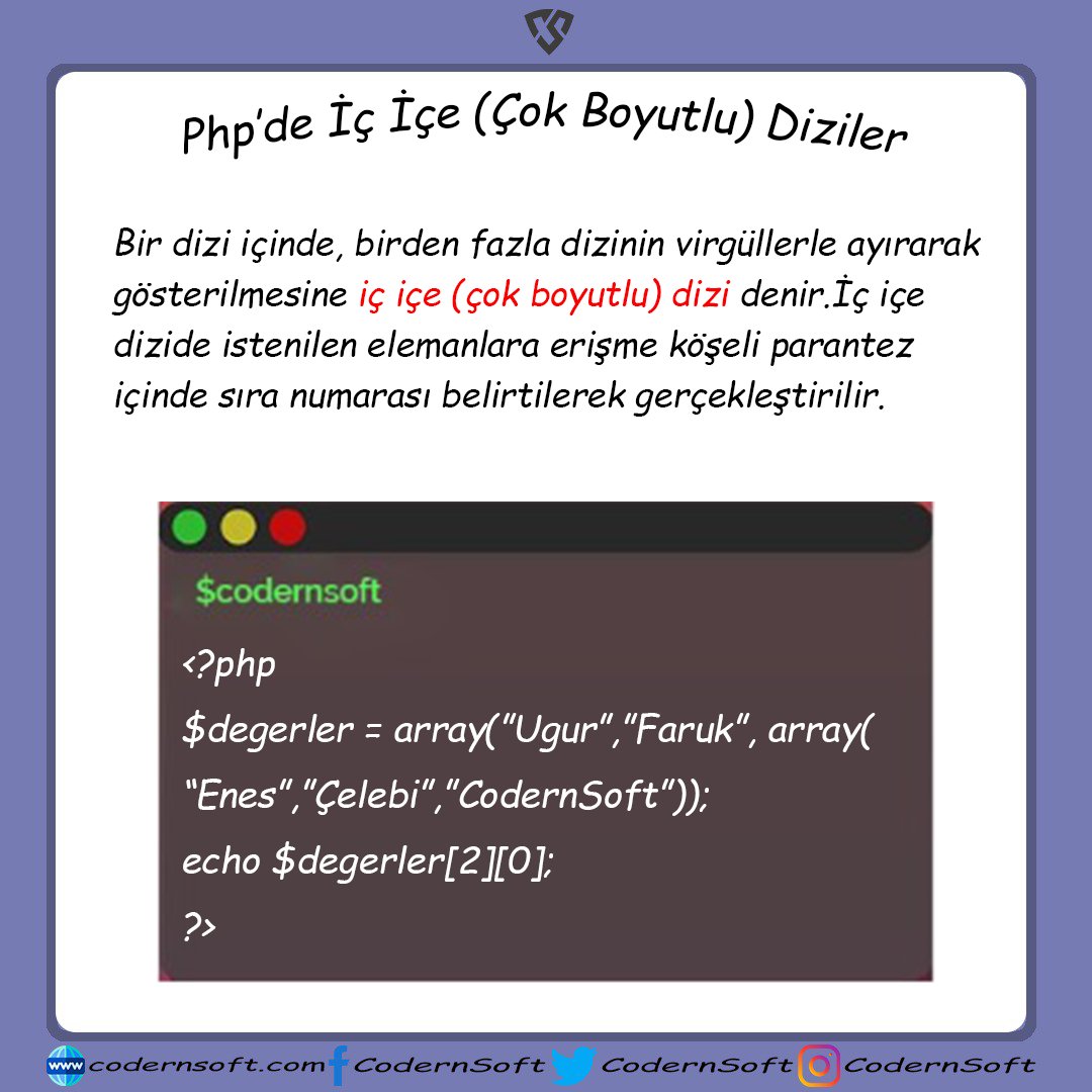 Php İç İçe Diziler 
#php #phpdeveloper #Developpement  #programming #array #DünyaRuhSağlığıGünü  #class #python #YapayZeka #JS #HatayıYakıyorlar #HatayYanıyor #belenyanıyor #AnkaraGarinda103can #3yasındakicocuk