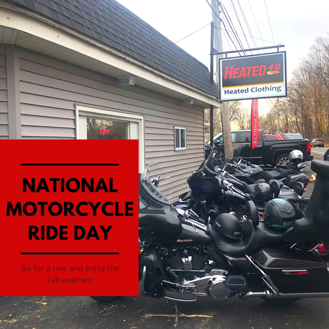 heated4u's tweet image. Happy National Motorcycle Ride Day! While enjoying your ride, stop by our retail store - we're open from 10AM to 6PM!

#FeelTheWarmth #ForWorkOrPlay #heatedclothing #ridesafe #ridewarm